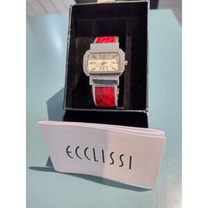Ecclissi‎ Sterling and Leather Cuff Women's Watch, Red and Silver NIB